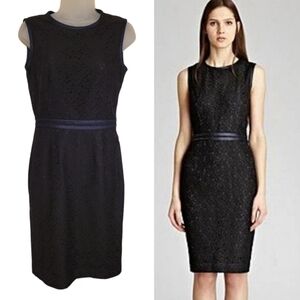Reiss Alexandra Black Lace Sheath Dress with Navy Blue Trim Accent Womens Size 6